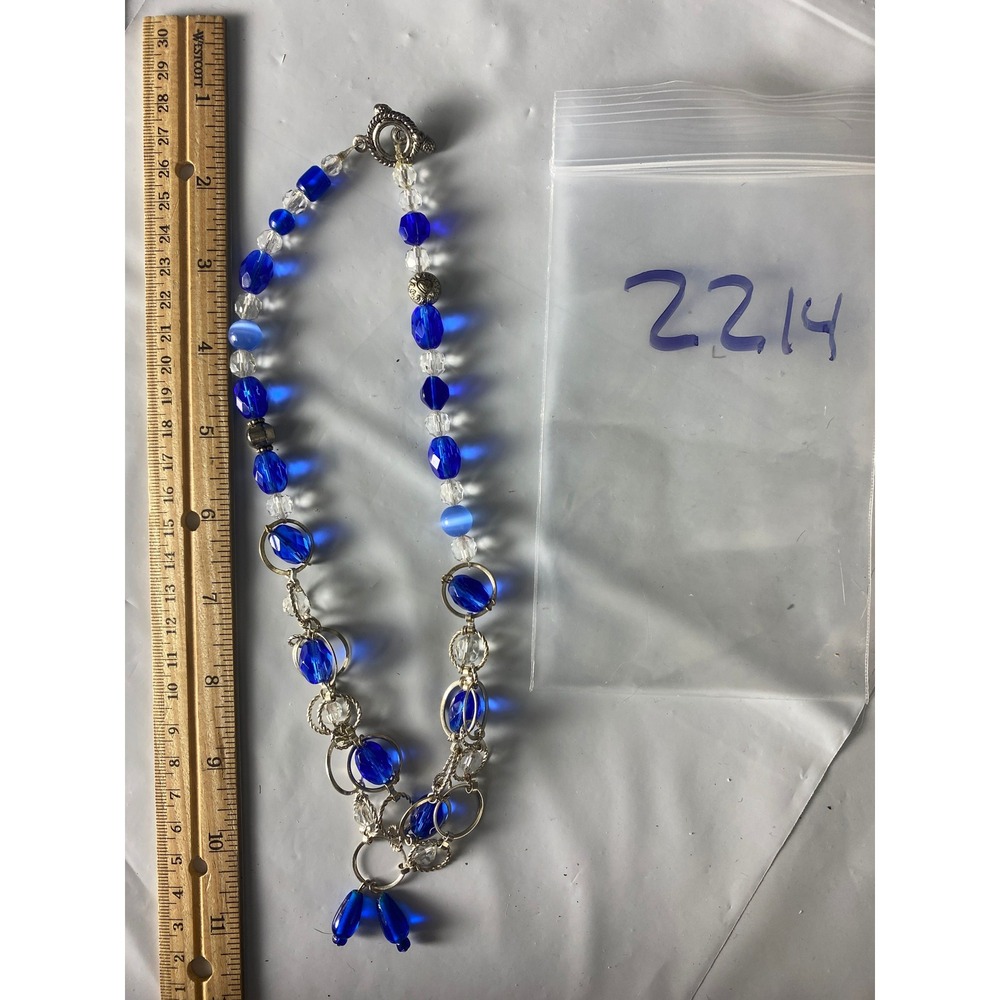 Blue Glass Beaded Toggle Necklace Silver Tone Multi Strand Coastal Boho 20 Inch